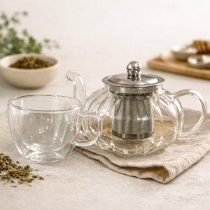 Tetera de vidrio + taza de té